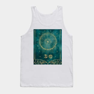 Gold Tarot Card Moon Phases and Ancient Astrology Symbols on Dark Blue Watercolor Paper Tank Top